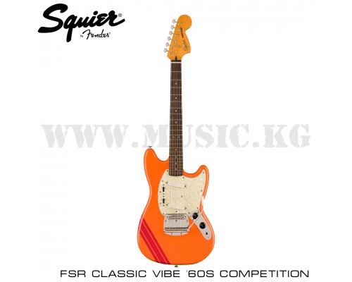 Электрогитара Squier FSR Classic Vibe '60s Competition Mustang®, Laurel Fingerboard, Parchment Pickguard, Capri Orange with Dakota Red Stripes