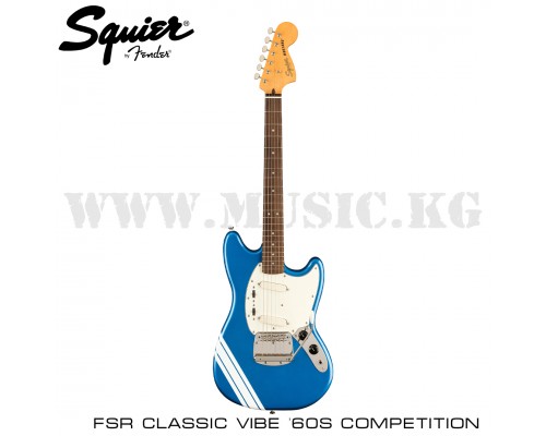 Электрогитара Squier FSR Classic Vibe '60s Competition Mustang®, Laurel Fingerboard, Parchment Pickguard, Lake Placid Blue with Olympic White Stripes